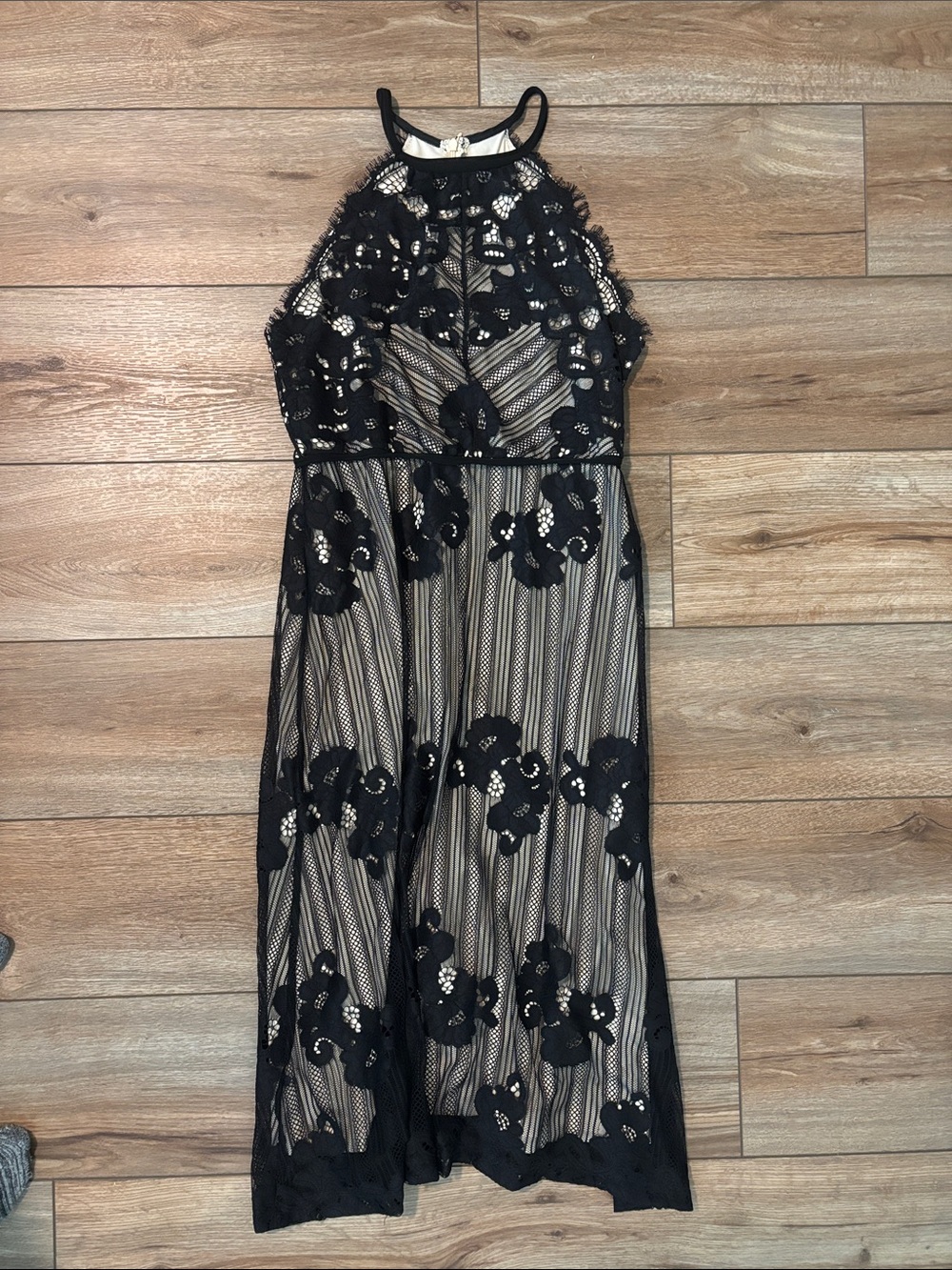 Chelsea & Violet Black Lace Floral Midi Dress with Nude Underlay
